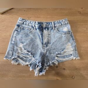 SHEIN Light Blue Distressed Denim Shorts with Frayed Hem